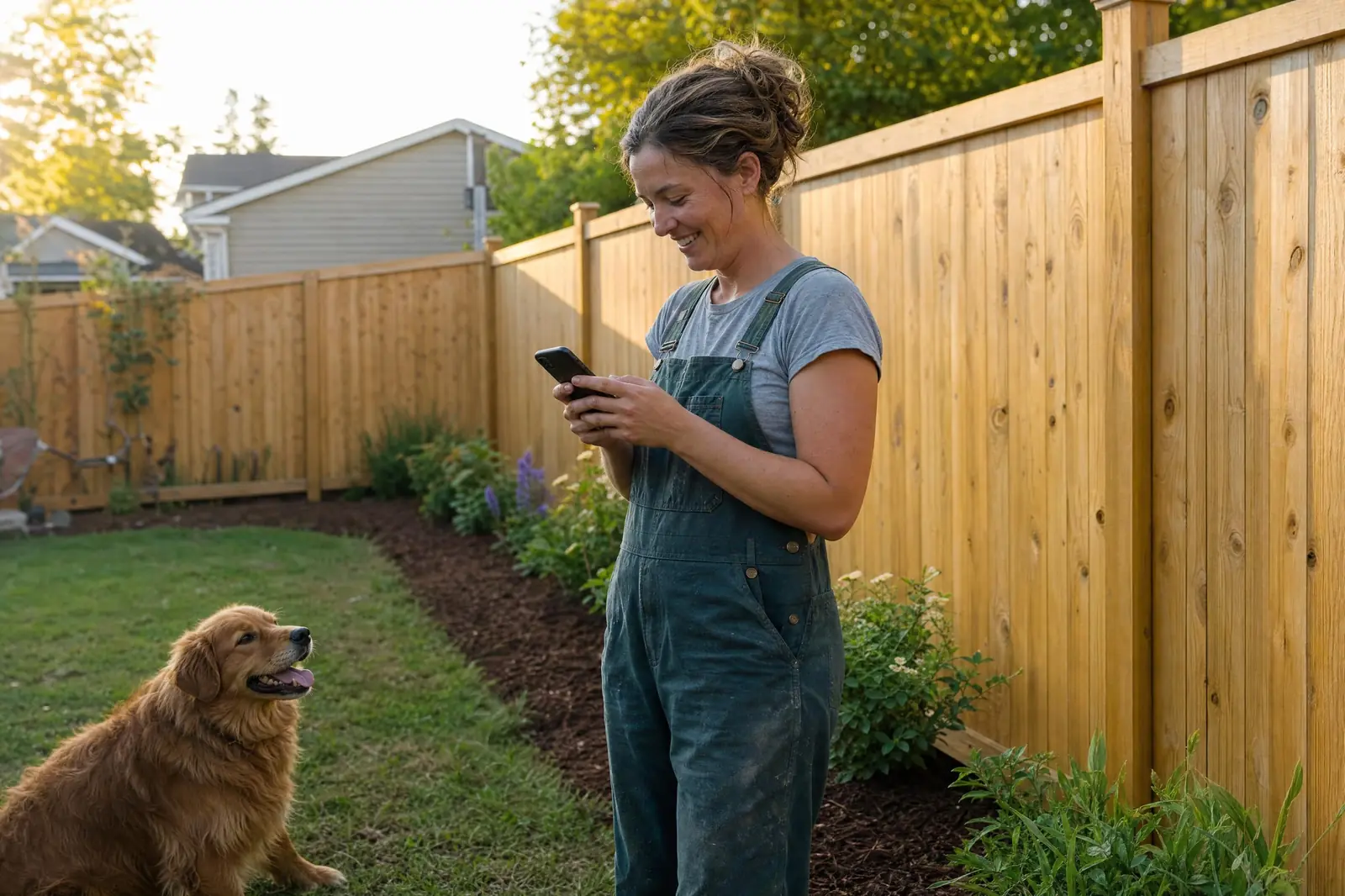 A customer smiling at her phone next to a newly finished wood fence